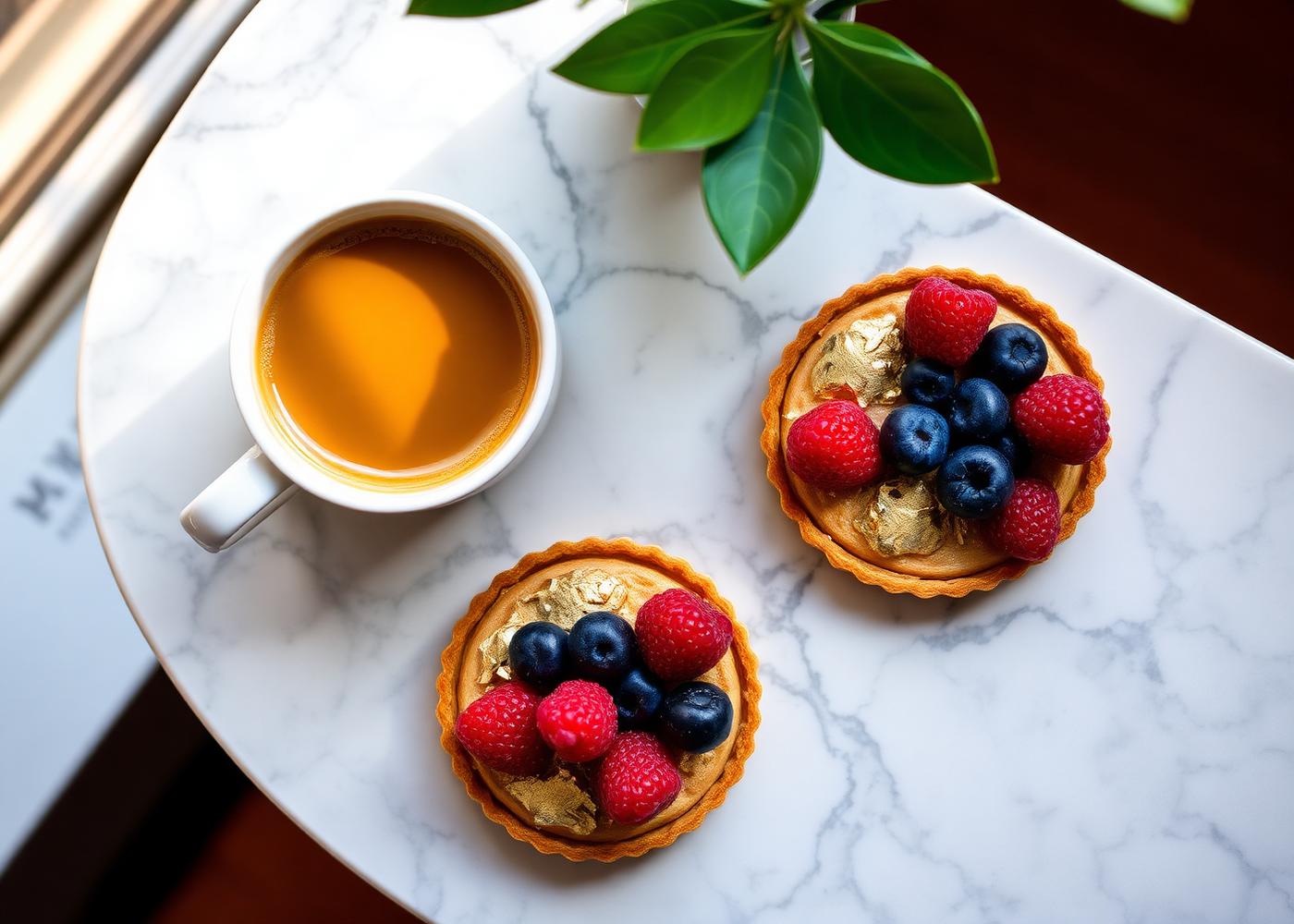Overhead editorial shot of golden French tartelettes with berries and gold leaf beside an espresso on marble