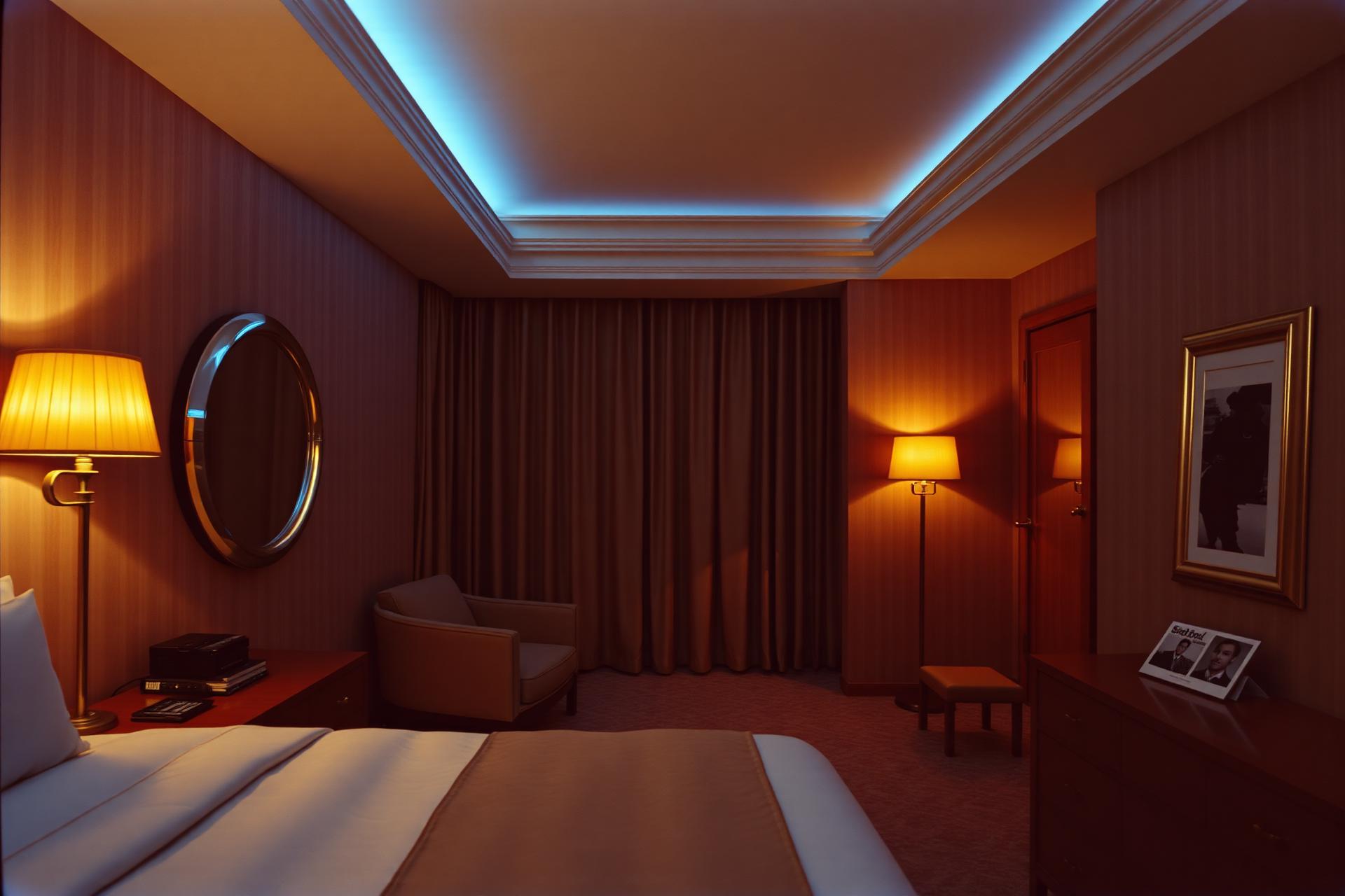 Cinematic boutique suite blending 70s warmth, 80s chrome, 90s film and 2000s ice-blue LED — Future Nostalgia by Agatovas
