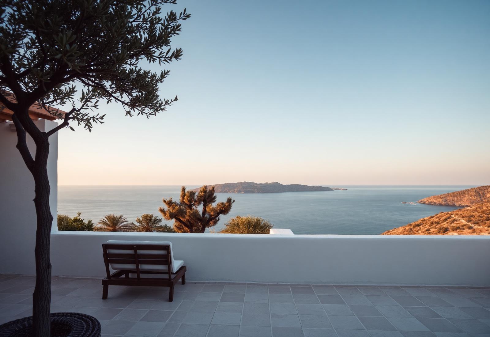 Whitewashed luxury island villa terrace in Crete overlooking the Aegean sea at sunset