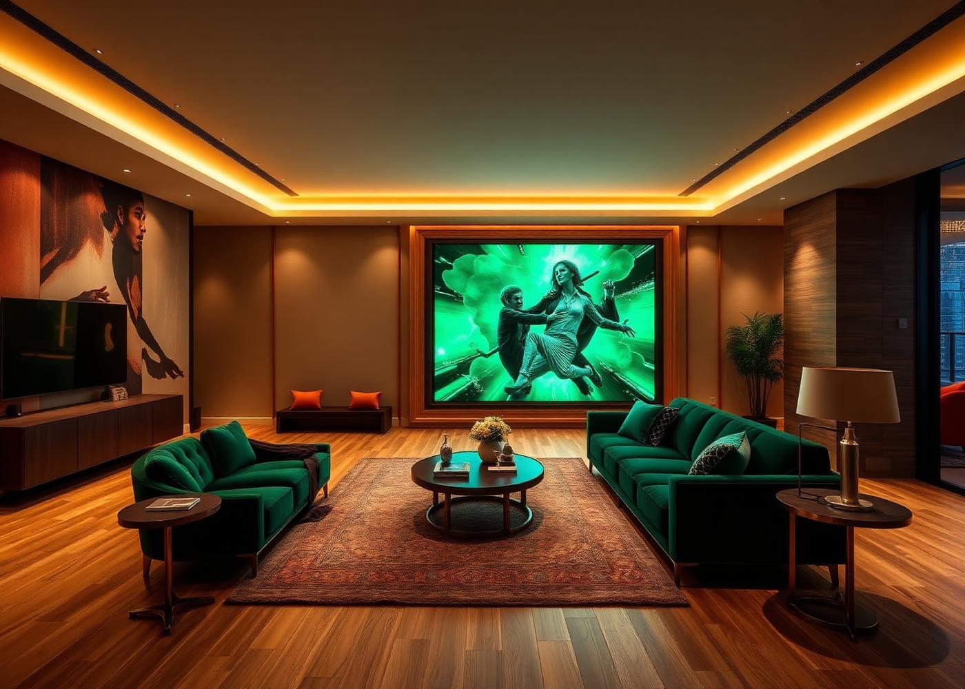 Bold urban mansion suite with LED digital art wall, deep green velvet sofa and warm designer lighting